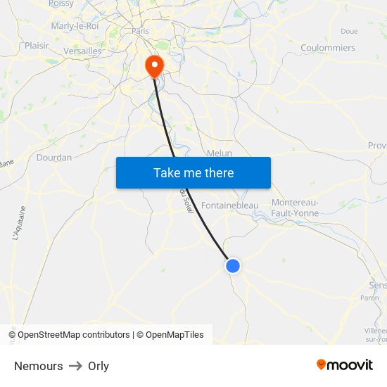 Nemours to Orly map