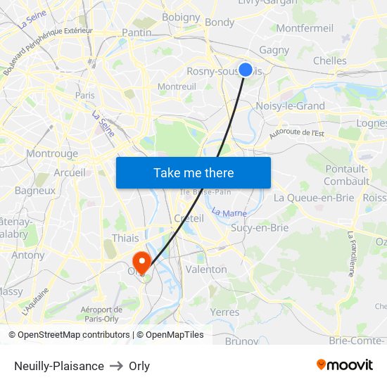 Neuilly-Plaisance to Orly map