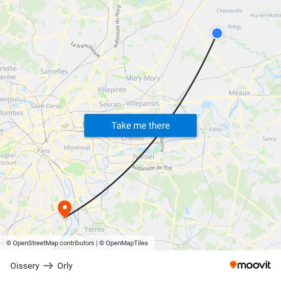 Oissery to Orly map