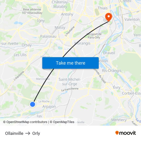 Ollainville to Orly map