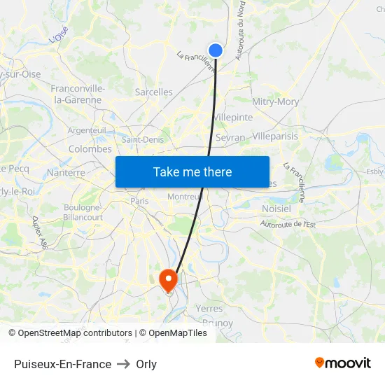Puiseux-En-France to Orly map