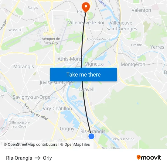 Ris-Orangis to Orly map