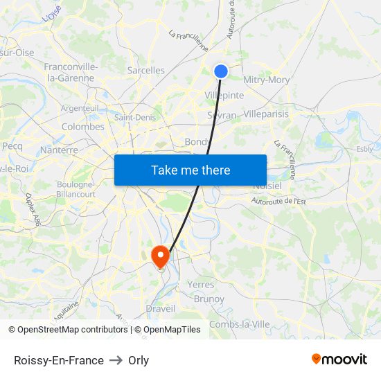 Roissy-En-France to Orly map