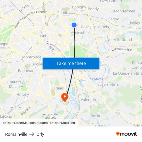 Romainville to Orly map
