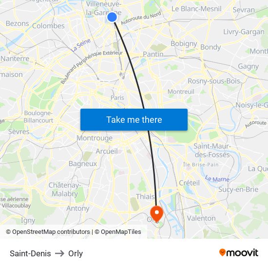 Saint-Denis to Orly map