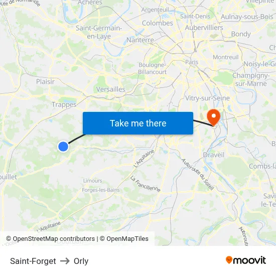Saint-Forget to Orly map