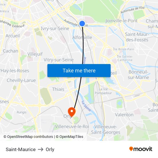 Saint-Maurice to Orly map