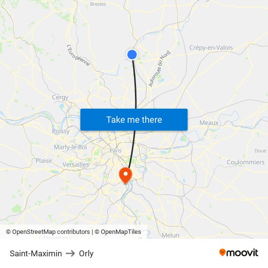 Saint-Maximin to Orly map