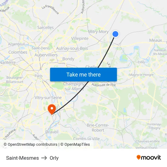 Saint-Mesmes to Orly map