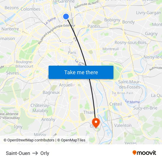 Saint-Ouen to Orly map