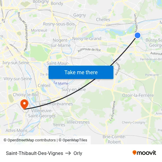 Saint-Thibault-Des-Vignes to Orly map