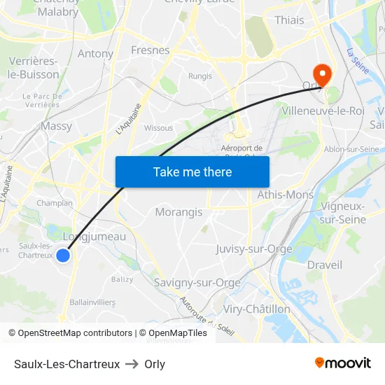 Saulx-Les-Chartreux to Orly map