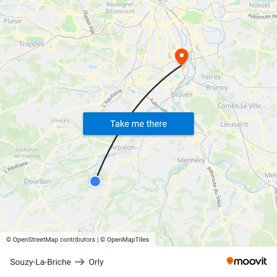 Souzy-La-Briche to Orly map