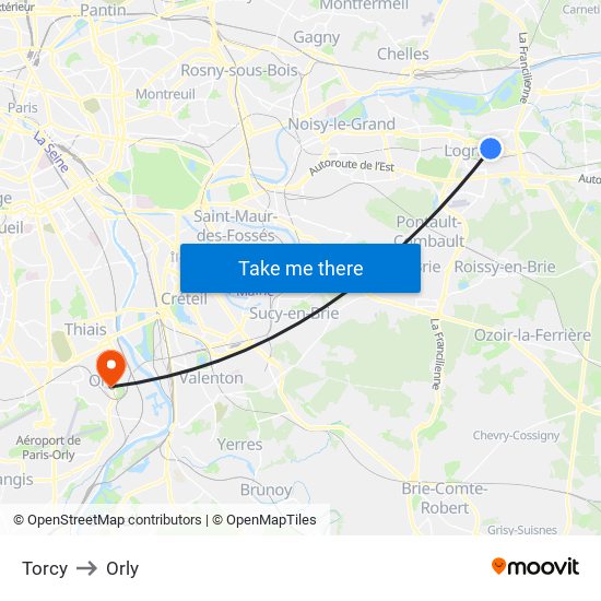 Torcy to Orly map