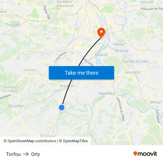 Torfou to Orly map