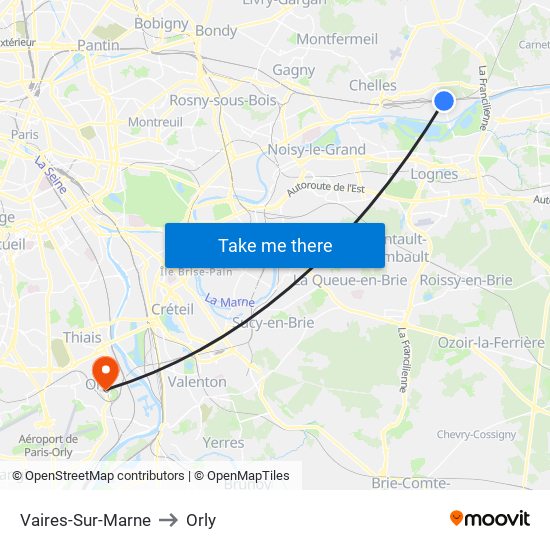 Vaires-Sur-Marne to Orly map