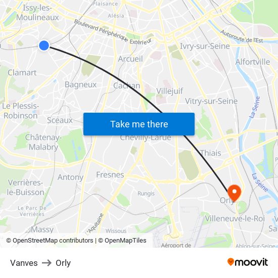 Vanves to Orly map