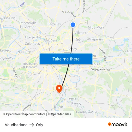 Vaudherland to Orly map
