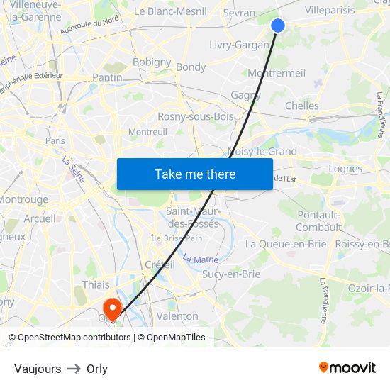 Vaujours to Orly map