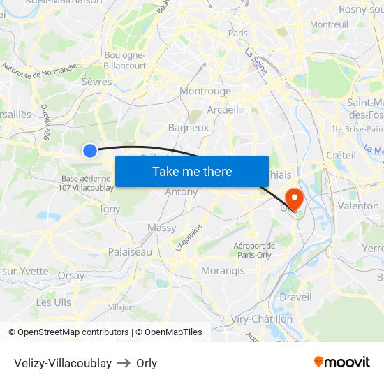 Velizy-Villacoublay to Orly map