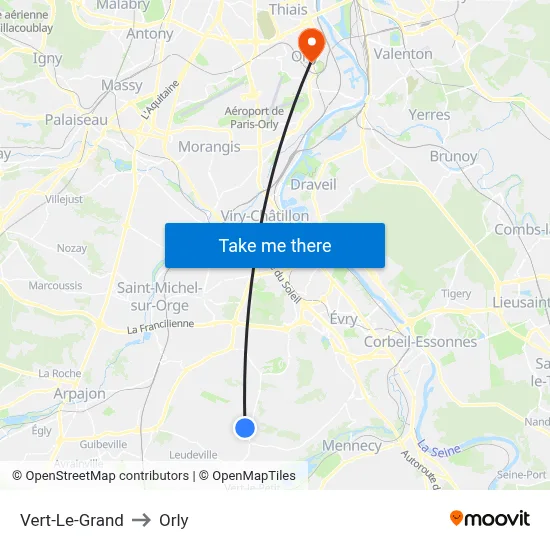 Vert-Le-Grand to Orly map