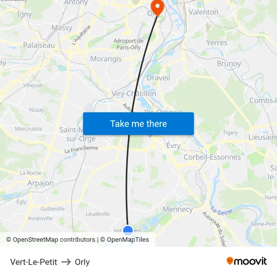 Vert-Le-Petit to Orly map