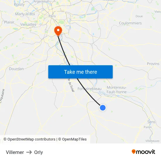 Villemer to Orly map