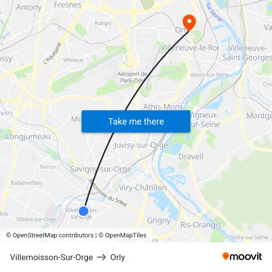 Villemoisson-Sur-Orge to Orly map