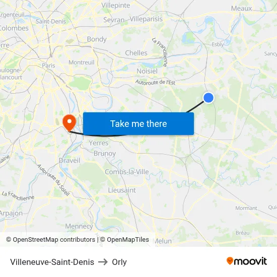 Villeneuve-Saint-Denis to Orly map