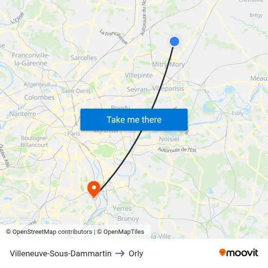 Villeneuve-Sous-Dammartin to Orly map