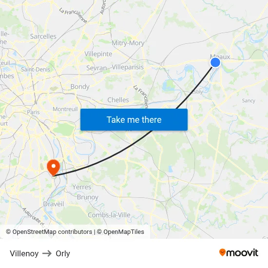 Villenoy to Orly map