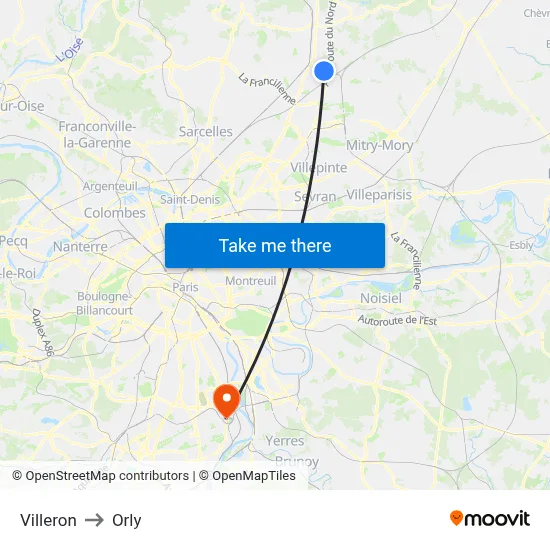 Villeron to Orly map