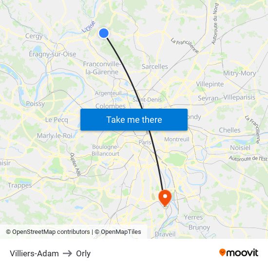 Villiers-Adam to Orly map