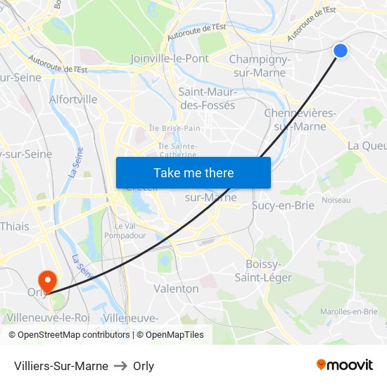 Villiers-Sur-Marne to Orly map