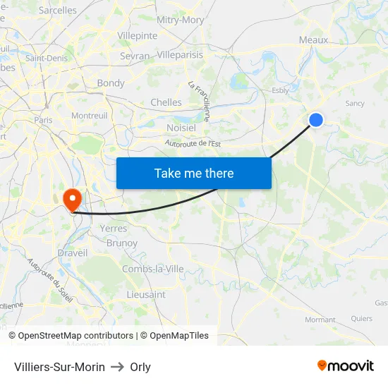 Villiers-Sur-Morin to Orly map