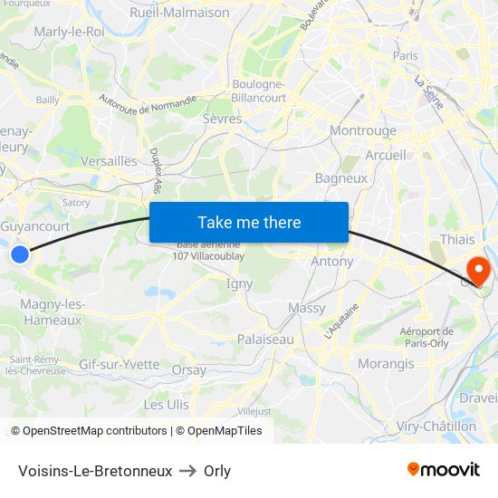 Voisins-Le-Bretonneux to Orly map