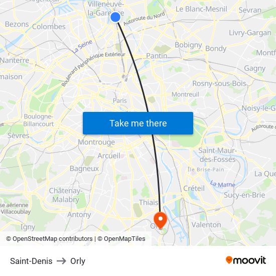 Saint-Denis to Orly map