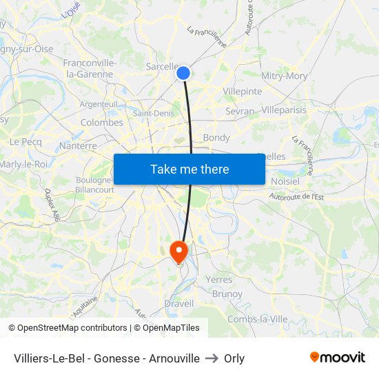 Villiers-Le-Bel - Gonesse - Arnouville to Orly map