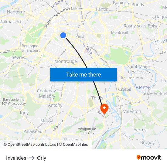 Invalides to Orly map