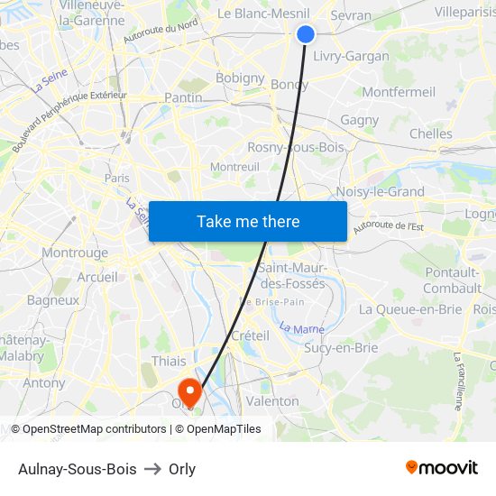 Aulnay-Sous-Bois to Orly map