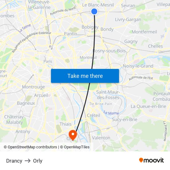 Drancy to Orly map