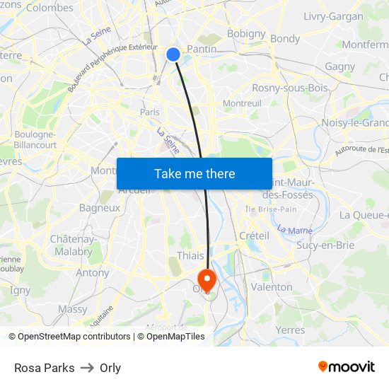 Rosa Parks to Orly map