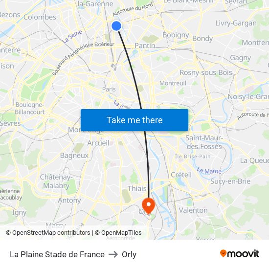 La Plaine Stade de France to Orly map