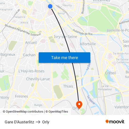 Gare D'Austerlitz to Orly map