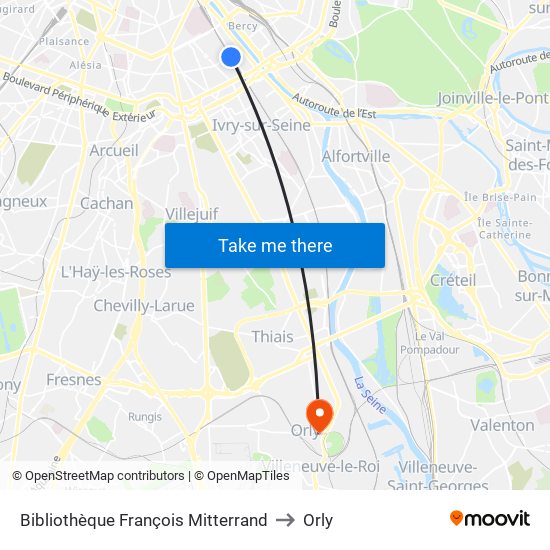 Bibliothèque François Mitterrand to Orly map