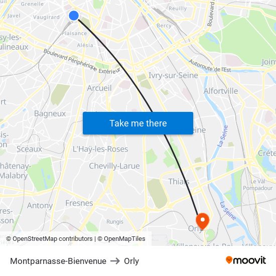 Montparnasse-Bienvenue to Orly map