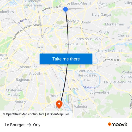 Le Bourget to Orly map