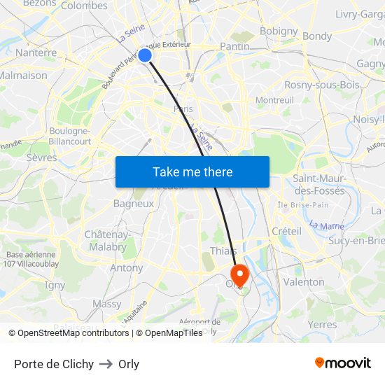 Porte de Clichy to Orly map