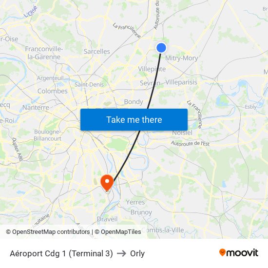 Aéroport Cdg 1 (Terminal 3) to Orly map