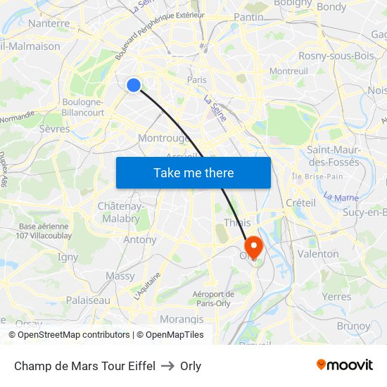 Champ de Mars Tour Eiffel to Orly map
